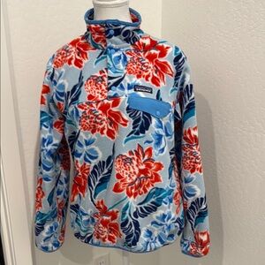 Patagonia Red and Blue Ski Jacket with Floral Design